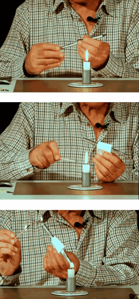 image showing the different steps of the experiment: making the tube and holding it with paper tweezers