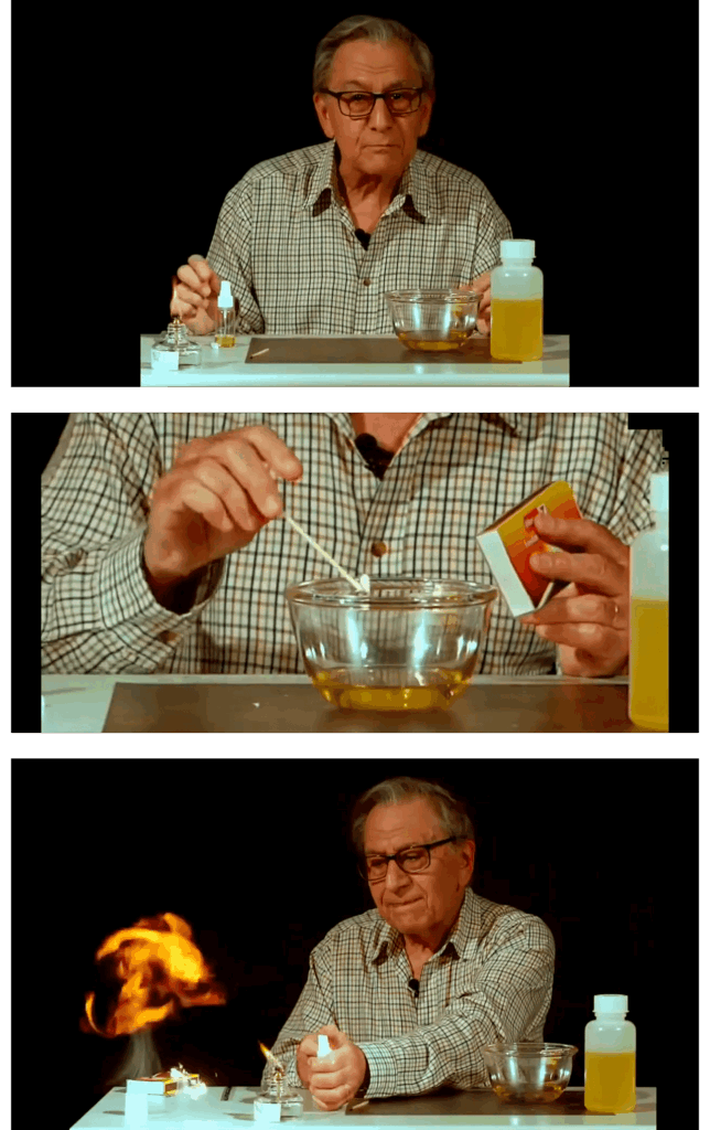 descriptive image showing the difference when trying to light liquid fuel like diesel and how different quantities affect combustion